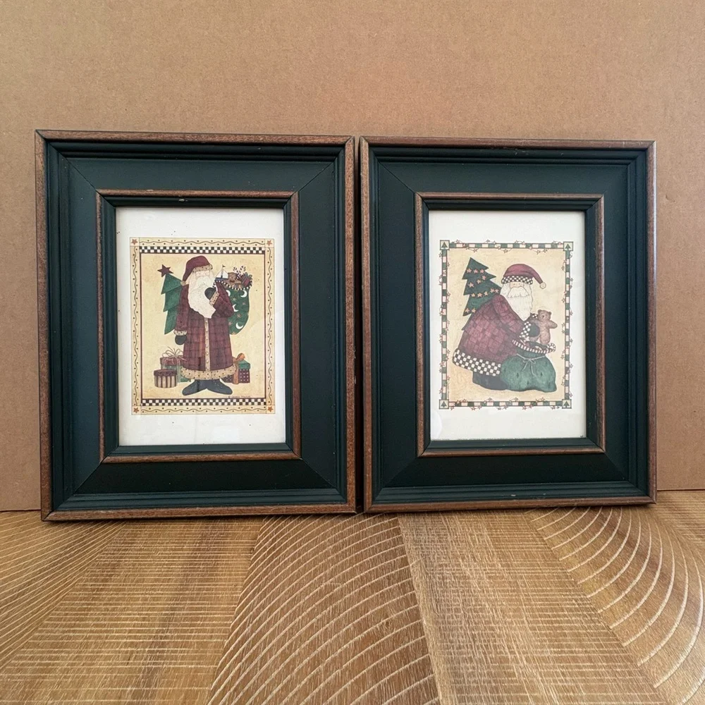 Vtg Folk Art Santa Claus Prints by Debbie Mumm 1990's Dark Green Wood Frame (2)